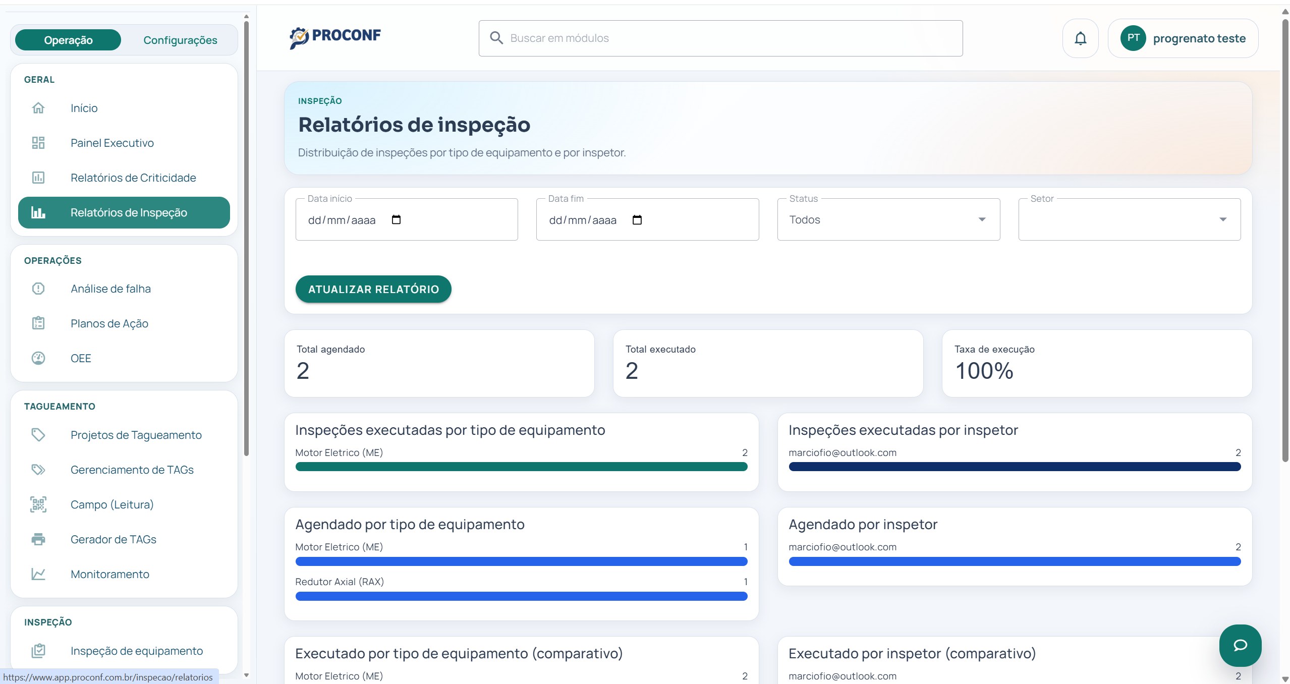 Tela de inspecao com acompanhamento de rotinas e apontamentos em campo