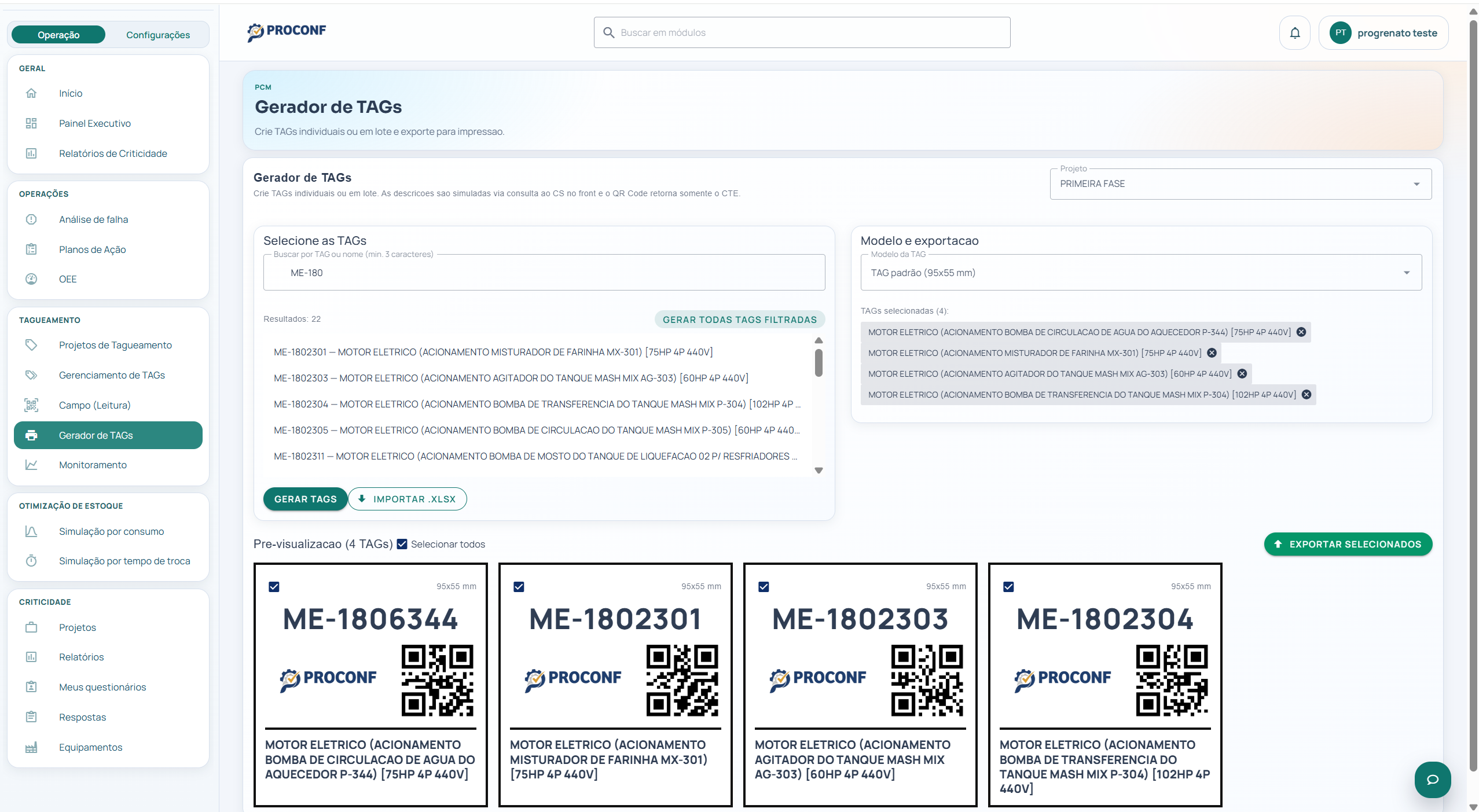 Módulo de tagueamento com TAG gerada e pré-visualização para impressão